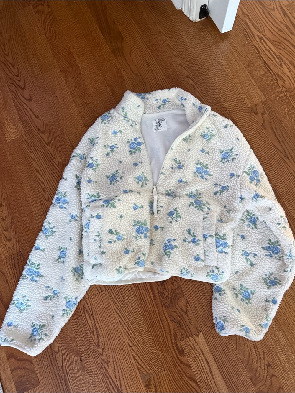 Altar'd State Cream Sherpa Jacket with Blue Floral Accent